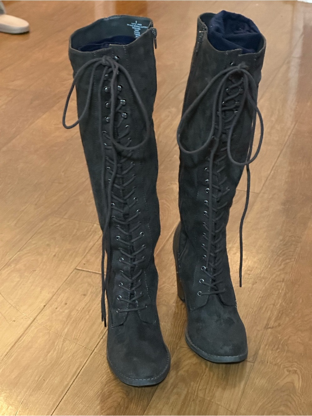 Dark brown  Lace-Up Knee-High Boots 9